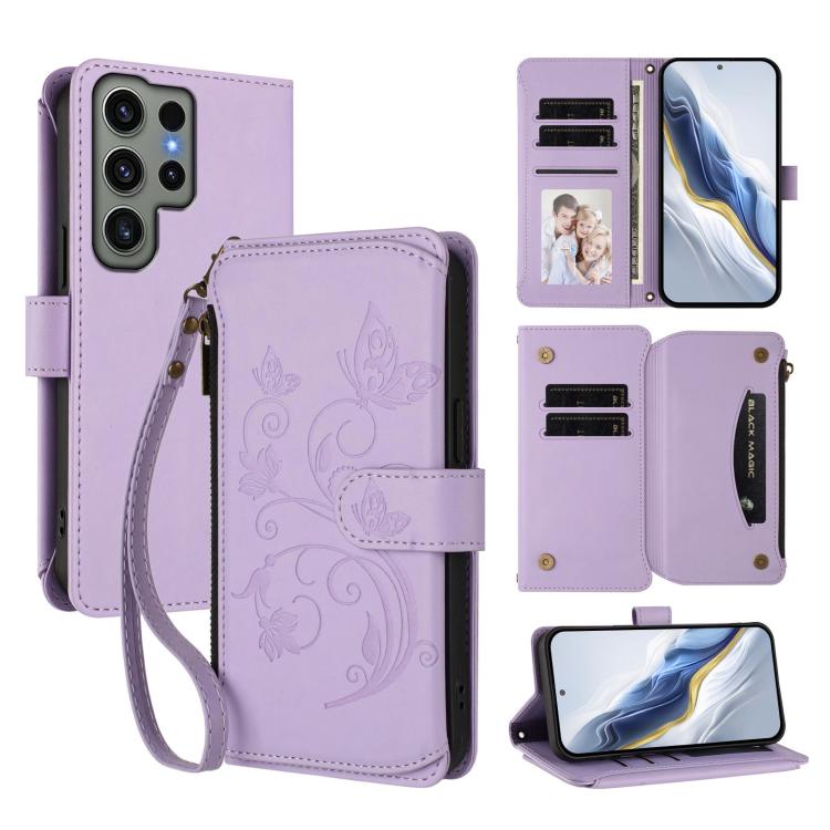 Portafoglio multi-carta con cerniera e motivo farfalla, amore e fiore, custodia per telefono in pelle, For Galaxy S23 Ultra 5G, For Galaxy S23+ 5G, For Galaxy S23 5G