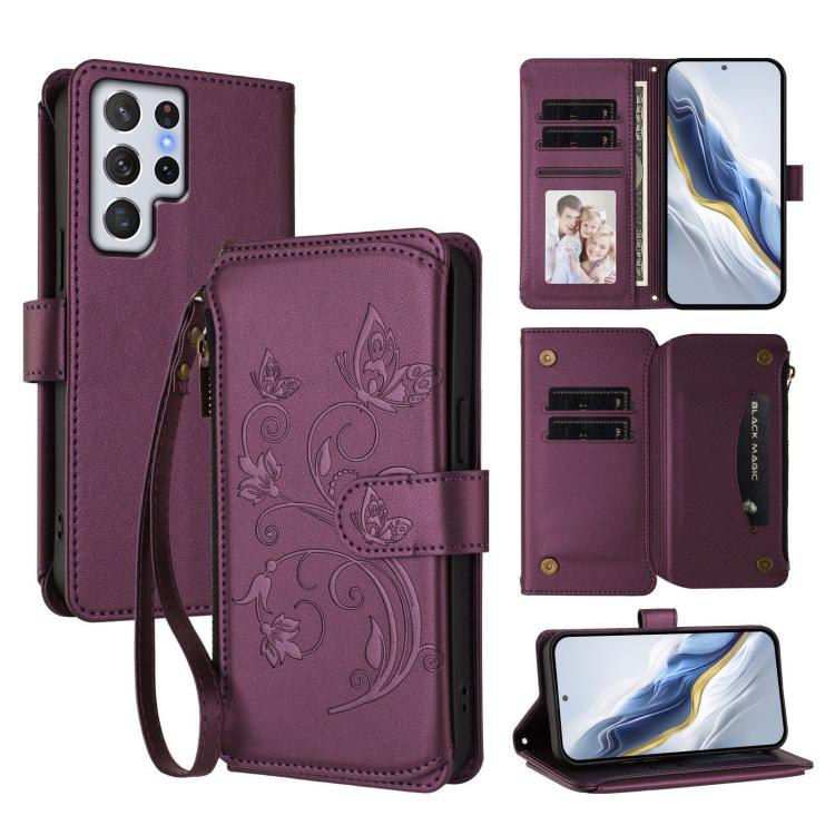 Portafoglio multi-carta con cerniera e motivo farfalla, amore e fiore, custodia per telefono in pelle, For Galaxy S20 FE, For Galaxy S22 Ultra 5G, For Galaxy S22+ 5G