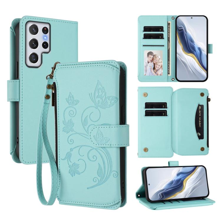 Portafoglio multi-carta con cerniera e motivo farfalla, amore e fiore, custodia per telefono in pelle, For Galaxy S20 FE, For Galaxy S22 Ultra 5G, For Galaxy S22+ 5G