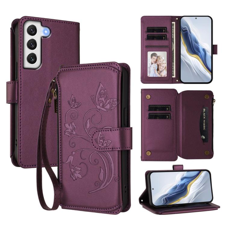 Portafoglio multi-carta con cerniera e motivo farfalla, amore e fiore, custodia per telefono in pelle, For Galaxy S22 5G, For Galaxy S21 FE 5G, For Galaxy S21 5G