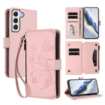 Portafoglio multi-carta con cerniera e motivo farfalla, amore e fiore, custodia per telefono in pelle, For Galaxy S22 5G, For Galaxy S21 FE 5G, For Galaxy S21 5G