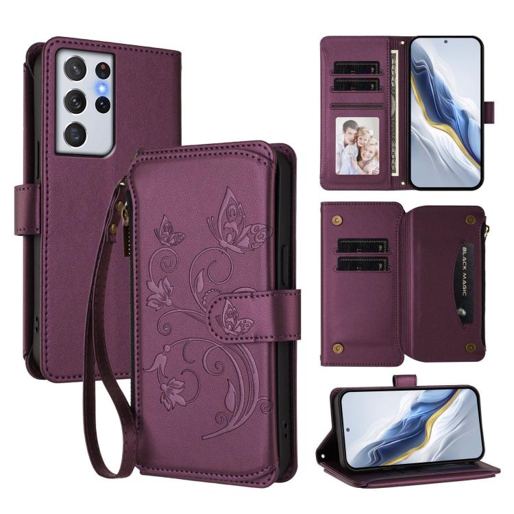 Portafoglio multi-carta con cerniera e motivo farfalla, amore e fiore, custodia per telefono in pelle, For Galaxy S21+ 5G, For Galaxy S21 Ultra 5G, For Galaxy Note20 Ultra