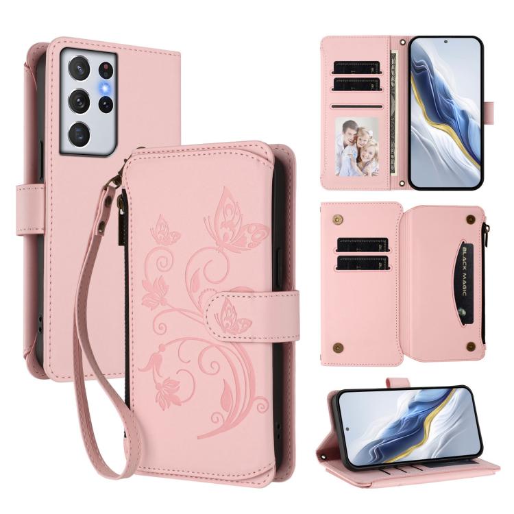 Portafoglio multi-carta con cerniera e motivo farfalla, amore e fiore, custodia per telefono in pelle, For Galaxy S21+ 5G, For Galaxy S21 Ultra 5G, For Galaxy Note20 Ultra