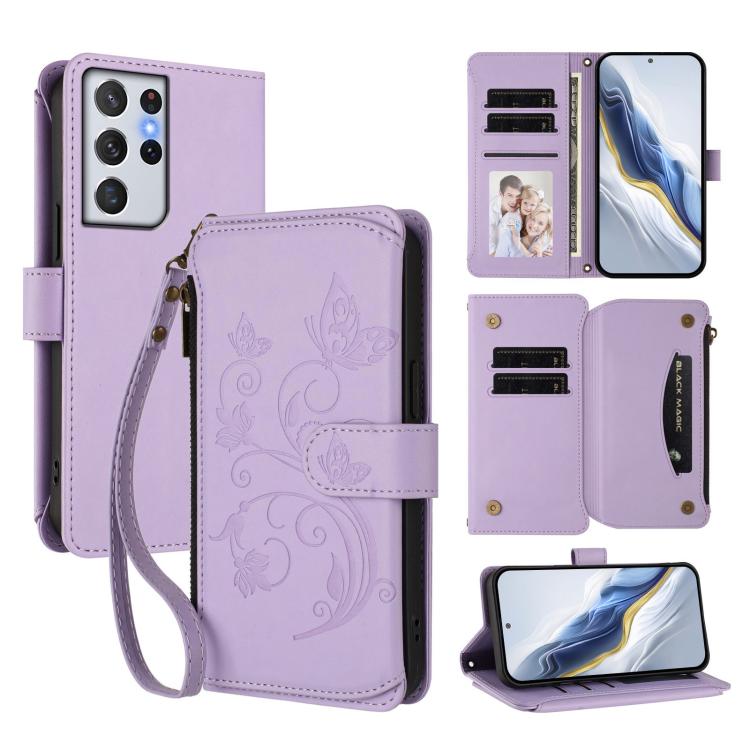 Portafoglio multi-carta con cerniera e motivo farfalla, amore e fiore, custodia per telefono in pelle, For Galaxy S21+ 5G, For Galaxy S21 Ultra 5G, For Galaxy Note20 Ultra