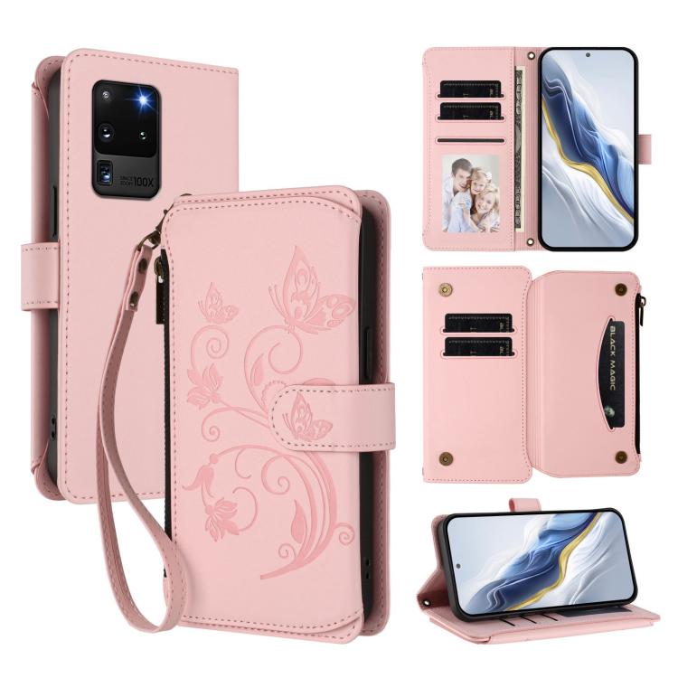 Portafoglio multi-carta con cerniera e motivo farfalla, amore e fiore, custodia per telefono in pelle, For Galaxy Note20, For Galaxy S20 Ultra, For Galaxy S20