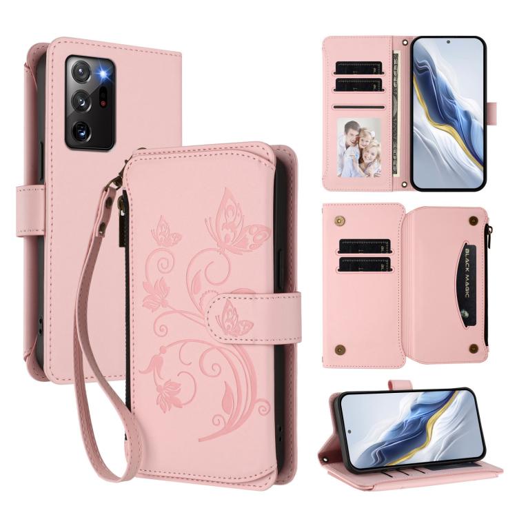 Portafoglio multi-carta con cerniera e motivo farfalla, amore e fiore, custodia per telefono in pelle, For Galaxy S21+ 5G, For Galaxy S21 Ultra 5G, For Galaxy Note20 Ultra