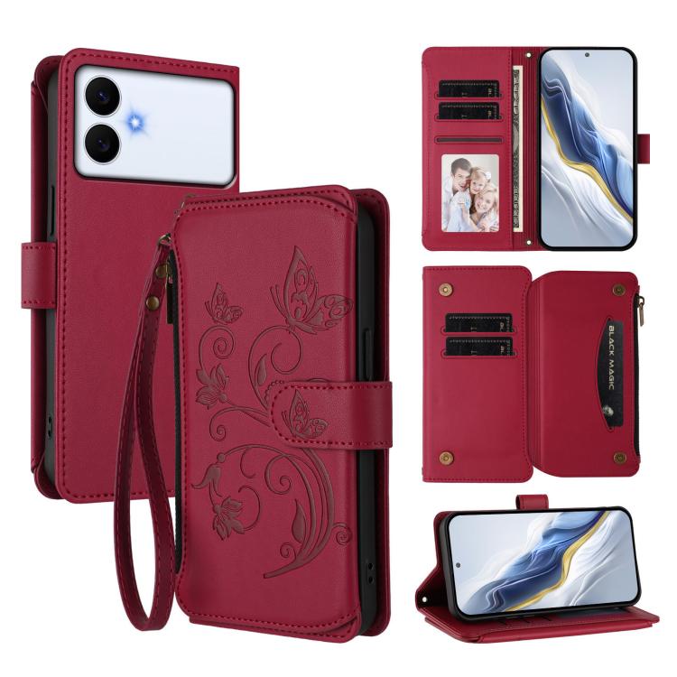 Portafoglio multi-carta con cerniera e motivo farfalla, amore e fiore, custodia per telefono in pelle, For Galaxy S26 FE 5G, For Galaxy S26+ 5G, For Galaxy S26 Edge 5G