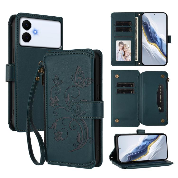 Portafoglio multi-carta con cerniera e motivo farfalla, amore e fiore, custodia per telefono in pelle, For Galaxy S26 FE 5G, For Galaxy S26+ 5G, For Galaxy S26 Edge 5G