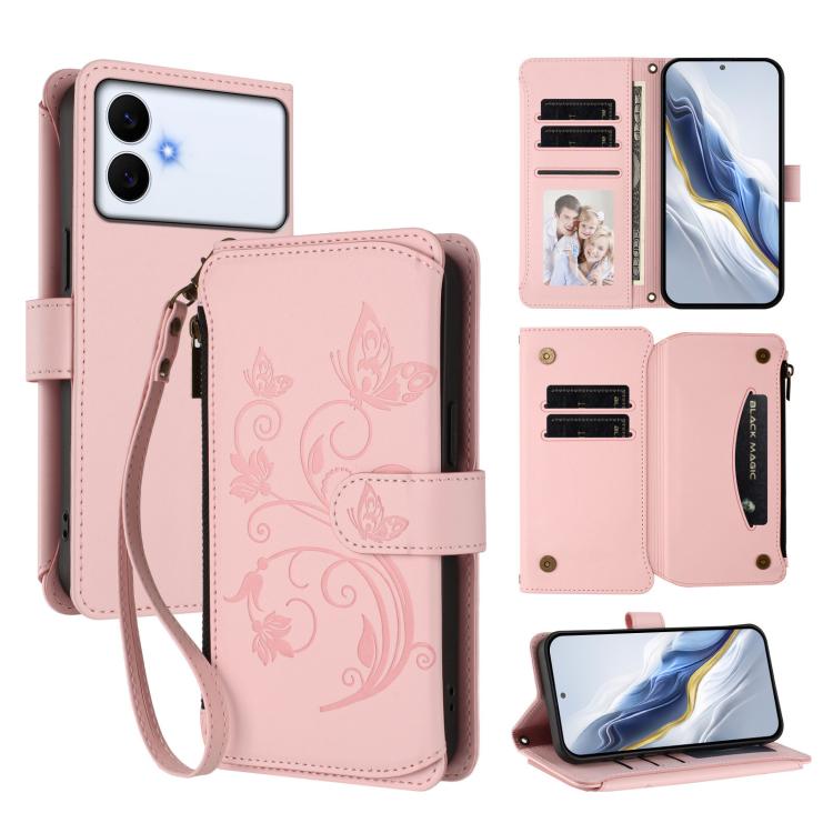 Portafoglio multi-carta con cerniera e motivo farfalla, amore e fiore, custodia per telefono in pelle, For Galaxy S26 FE 5G, For Galaxy S26+ 5G, For Galaxy S26 Edge 5G
