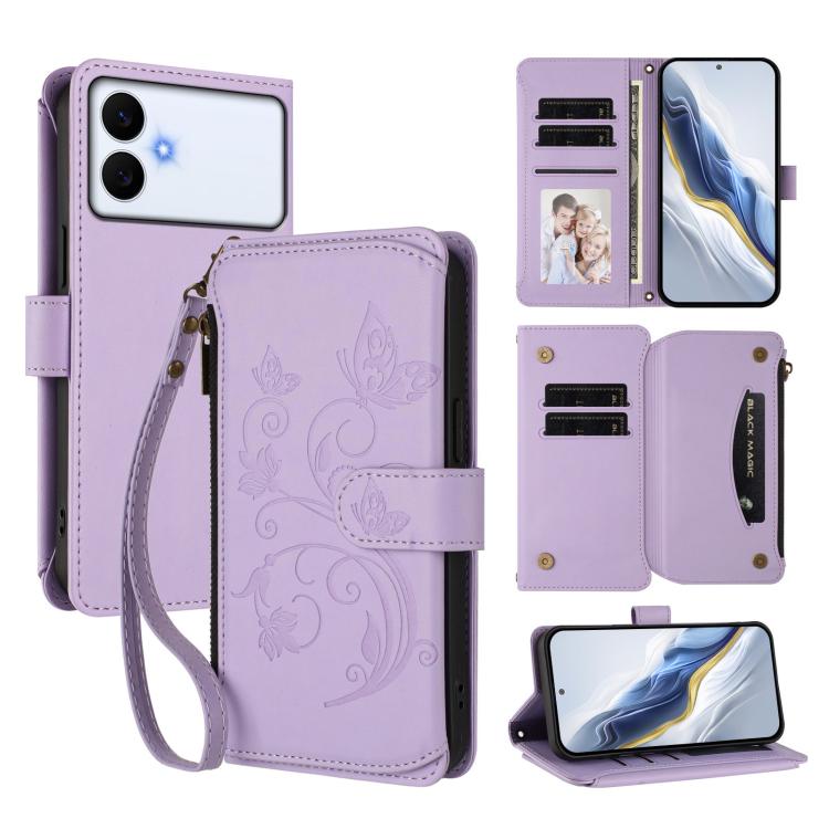 Portafoglio multi-carta con cerniera e motivo farfalla, amore e fiore, custodia per telefono in pelle, For Galaxy S26 FE 5G, For Galaxy S26+ 5G, For Galaxy S26 Edge 5G