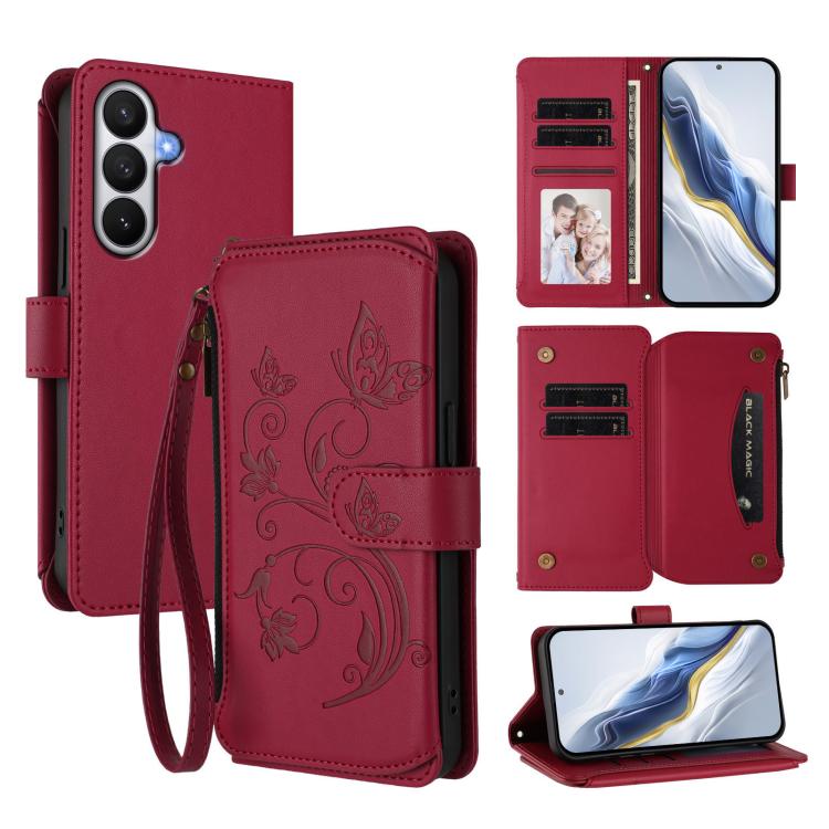 Portafoglio multi-carta con cerniera e motivo farfalla, amore e fiore, custodia per telefono in pelle, For Galaxy S26 Ultra 5G, For Galaxy S26 5G, For Galaxy S25 Edge 5G