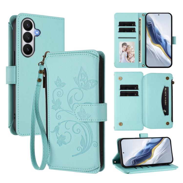 Portafoglio multi-carta con cerniera e motivo farfalla, amore e fiore, custodia per telefono in pelle, For Galaxy S26 Ultra 5G, For Galaxy S26 5G, For Galaxy S25 Edge 5G
