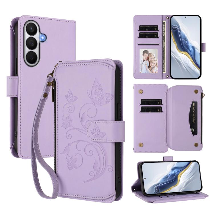 Portafoglio multi-carta con cerniera e motivo farfalla, amore e fiore, custodia per telefono in pelle, For Galaxy S26 Ultra 5G, For Galaxy S26 5G, For Galaxy S25 Edge 5G