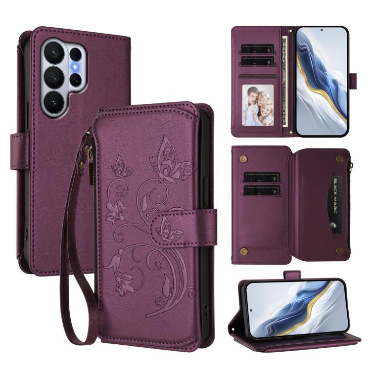 Portafoglio multi-carta con cerniera e motivo farfalla, amore e fiore, custodia per telefono in pelle, For Galaxy S26 Ultra 5G, For Galaxy S26 5G, For Galaxy S25 Edge 5G