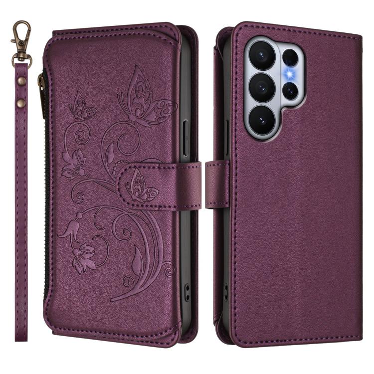 Portafoglio multi-carta con cerniera e motivo farfalla, amore e fiore, custodia per telefono in pelle, For Galaxy S26 Ultra 5G, For Galaxy S26 5G, For Galaxy S25 Edge 5G