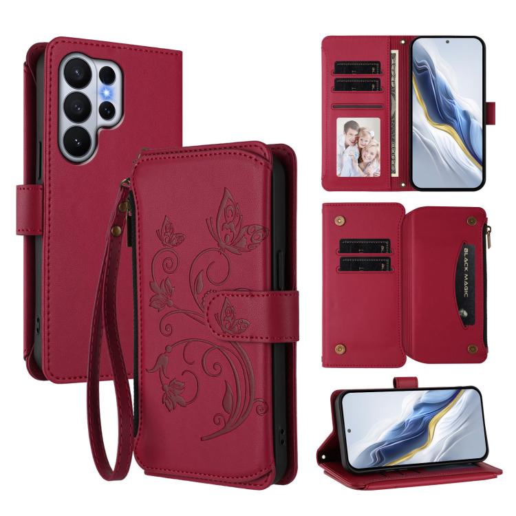 Portafoglio multi-carta con cerniera e motivo farfalla, amore e fiore, custodia per telefono in pelle, For Galaxy S26 Ultra 5G, For Galaxy S26 5G, For Galaxy S25 Edge 5G