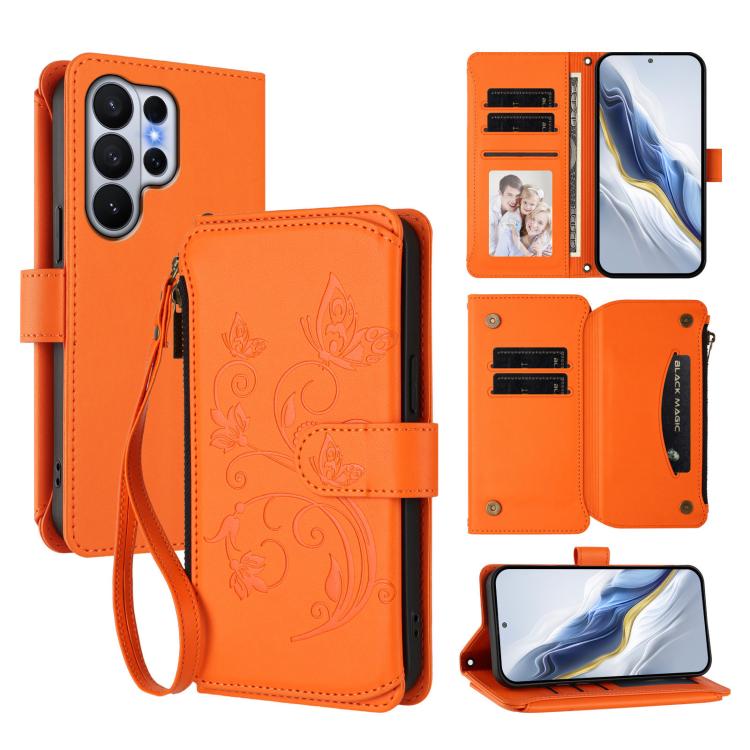 Portafoglio multi-carta con cerniera e motivo farfalla, amore e fiore, custodia per telefono in pelle, For Galaxy S26 Ultra 5G, For Galaxy S26 5G, For Galaxy S25 Edge 5G