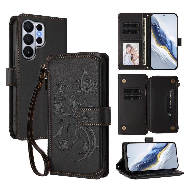 Portafoglio multi-carta con cerniera e motivo farfalla, amore e fiore, custodia per telefono in pelle, For Galaxy S26 Ultra 5G, For Galaxy S26 5G, For Galaxy S25 Edge 5G