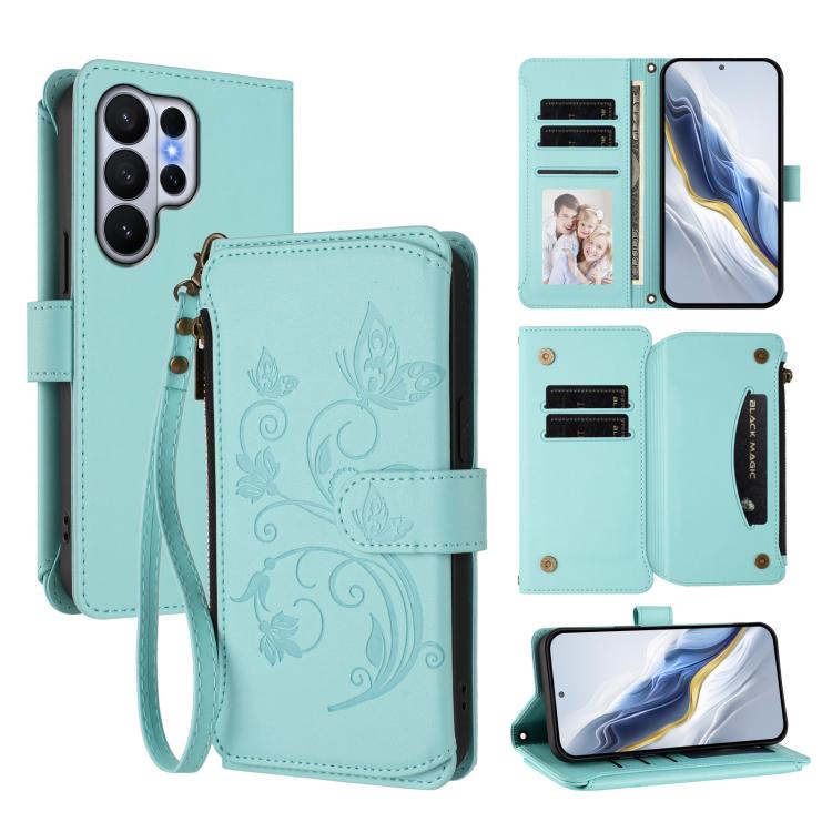 Portafoglio multi-carta con cerniera e motivo farfalla, amore e fiore, custodia per telefono in pelle, For Galaxy S26 Ultra 5G, For Galaxy S26 5G, For Galaxy S25 Edge 5G