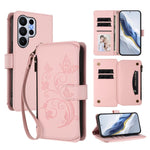 Portafoglio multi-carta con cerniera e motivo farfalla, amore e fiore, custodia per telefono in pelle, For Galaxy S26 Ultra 5G, For Galaxy S26 5G, For Galaxy S25 Edge 5G