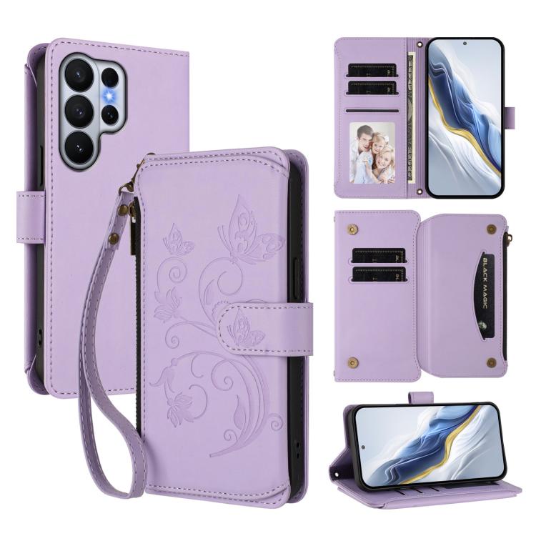Portafoglio multi-carta con cerniera e motivo farfalla, amore e fiore, custodia per telefono in pelle, For Galaxy S26 Ultra 5G, For Galaxy S26 5G, For Galaxy S25 Edge 5G
