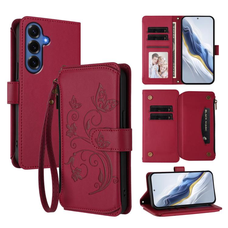 Portafoglio multi-carta con cerniera e motivo farfalla, amore e fiore, custodia per telefono in pelle, For Galaxy S26 FE 5G, For Galaxy S26+ 5G, For Galaxy S26 Edge 5G