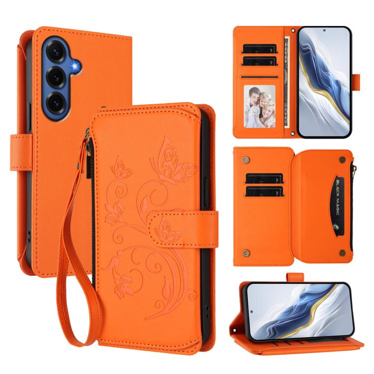Portafoglio multi-carta con cerniera e motivo farfalla, amore e fiore, custodia per telefono in pelle, For Galaxy S26 FE 5G, For Galaxy S26+ 5G, For Galaxy S26 Edge 5G