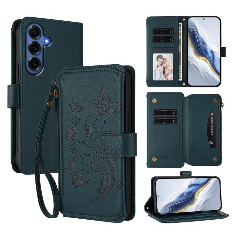 Portafoglio multi-carta con cerniera e motivo farfalla, amore e fiore, custodia per telefono in pelle, For Galaxy S26 FE 5G, For Galaxy S26+ 5G, For Galaxy S26 Edge 5G