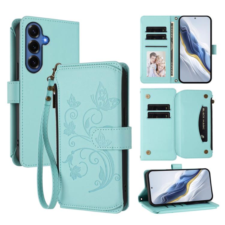 Portafoglio multi-carta con cerniera e motivo farfalla, amore e fiore, custodia per telefono in pelle, For Galaxy S26 FE 5G, For Galaxy S26+ 5G, For Galaxy S26 Edge 5G