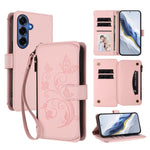 Portafoglio multi-carta con cerniera e motivo farfalla, amore e fiore, custodia per telefono in pelle, For Galaxy S26 FE 5G, For Galaxy S26+ 5G, For Galaxy S26 Edge 5G