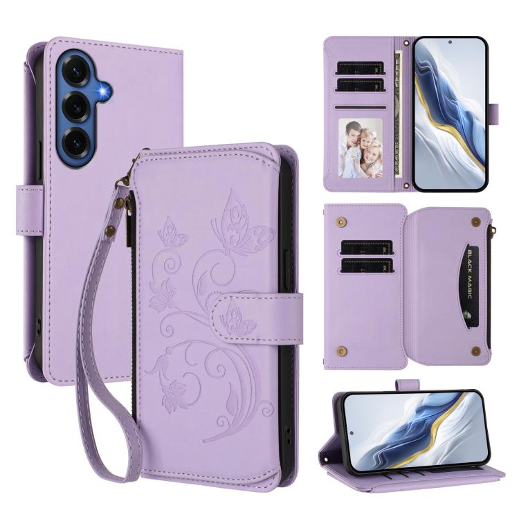 Portafoglio multi-carta con cerniera e motivo farfalla, amore e fiore, custodia per telefono in pelle, For Galaxy S26 FE 5G, For Galaxy S26+ 5G, For Galaxy S26 Edge 5G