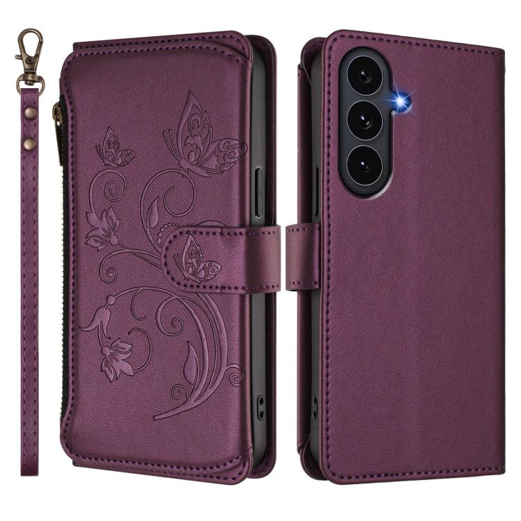 Portafoglio multi-carta con cerniera e motivo farfalla, amore e fiore, custodia per telefono in pelle, For Galaxy S26 FE 5G, For Galaxy S26+ 5G, For Galaxy S26 Edge 5G