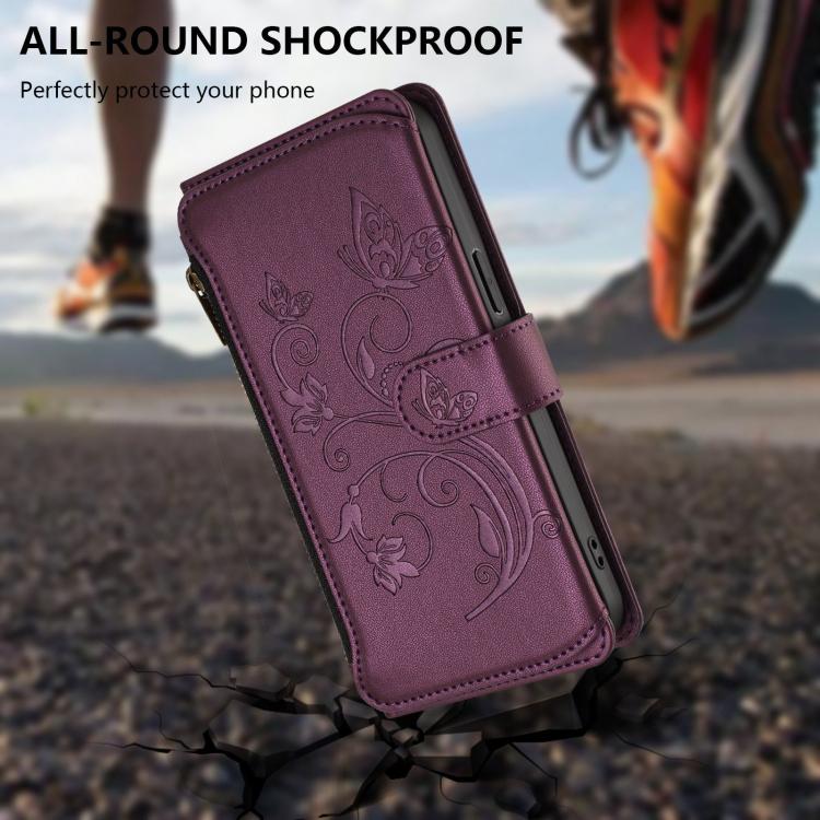 Portafoglio multi-carta con cerniera e motivo farfalla, amore e fiore, custodia per telefono in pelle, For Galaxy S26 FE 5G, For Galaxy S26+ 5G, For Galaxy S26 Edge 5G