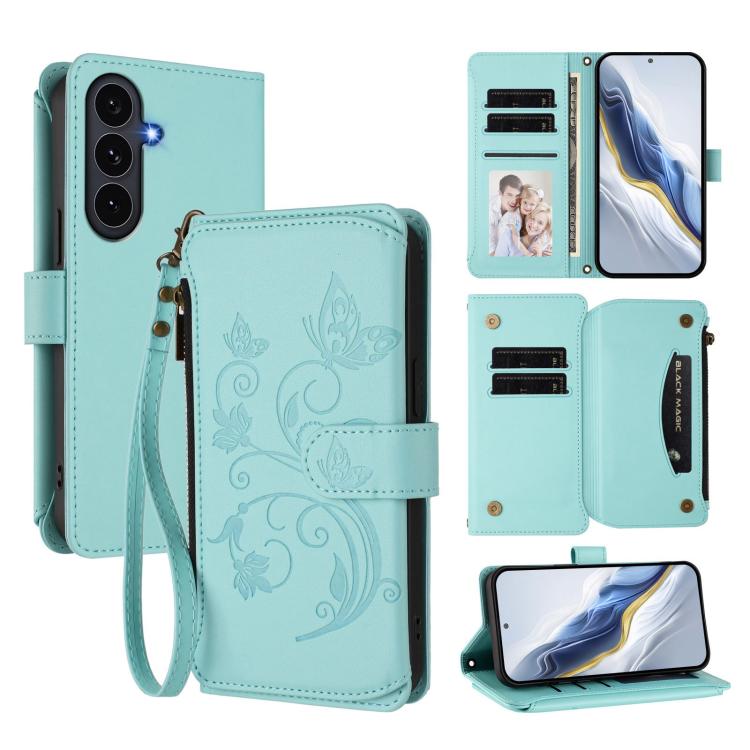 Portafoglio multi-carta con cerniera e motivo farfalla, amore e fiore, custodia per telefono in pelle, For Galaxy S26 FE 5G, For Galaxy S26+ 5G, For Galaxy S26 Edge 5G