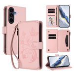 Portafoglio multi-carta con cerniera e motivo farfalla, amore e fiore, custodia per telefono in pelle, For Galaxy S26 FE 5G, For Galaxy S26+ 5G, For Galaxy S26 Edge 5G