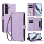 Portafoglio multi-carta con cerniera e motivo farfalla, amore e fiore, custodia per telefono in pelle, For Galaxy S26 FE 5G, For Galaxy S26+ 5G, For Galaxy S26 Edge 5G