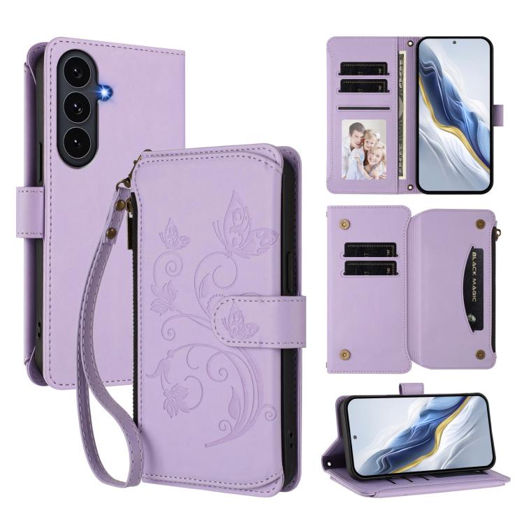 Portafoglio multi-carta con cerniera e motivo farfalla, amore e fiore, custodia per telefono in pelle, For Galaxy S26 FE 5G, For Galaxy S26+ 5G, For Galaxy S26 Edge 5G