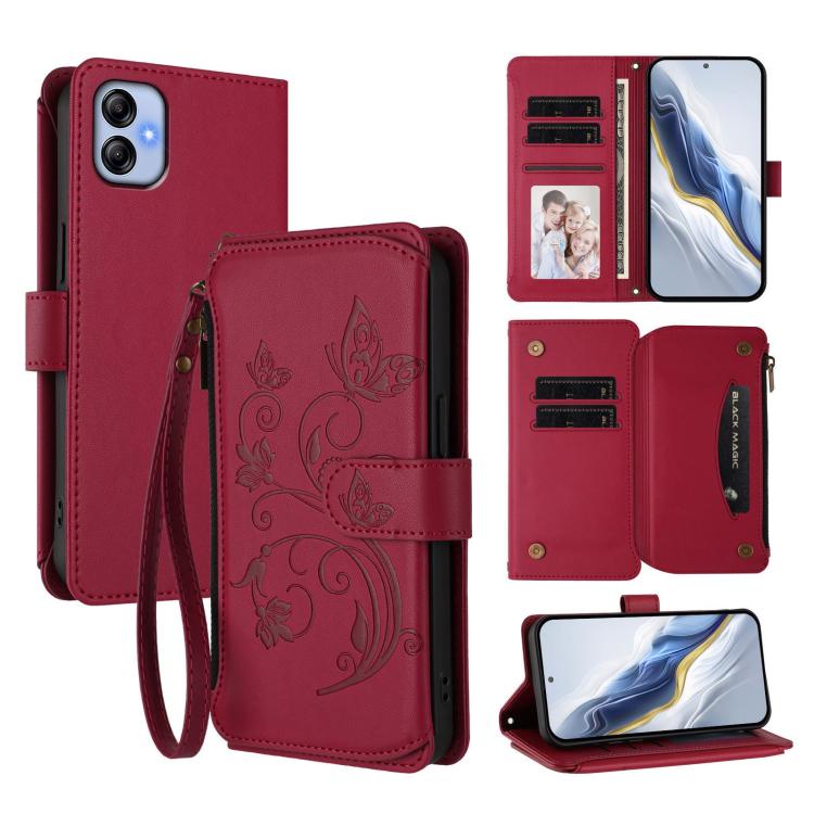 Portafoglio multi-carta con cerniera e motivo farfalla, amore e fiore, custodia per telefono in pelle, For Samsung Galaxy A23 4G / 5G / M23 5G, For Samsung Galaxy A04e 4G / M04 4G, For Samsung Galaxy A14 4G / 5G
