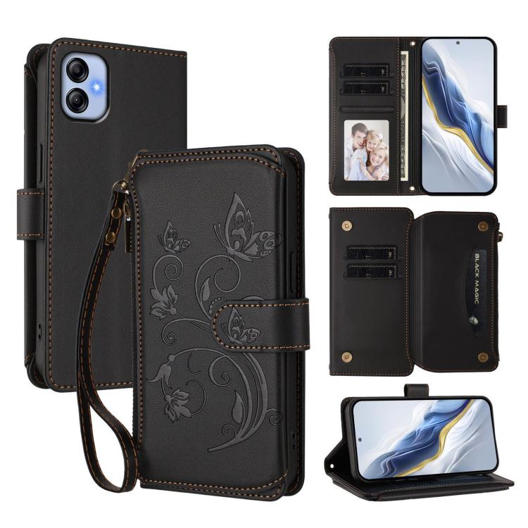 Portafoglio multi-carta con cerniera e motivo farfalla, amore e fiore, custodia per telefono in pelle, For Samsung Galaxy A23 4G / 5G / M23 5G, For Samsung Galaxy A04e 4G / M04 4G, For Samsung Galaxy A14 4G / 5G