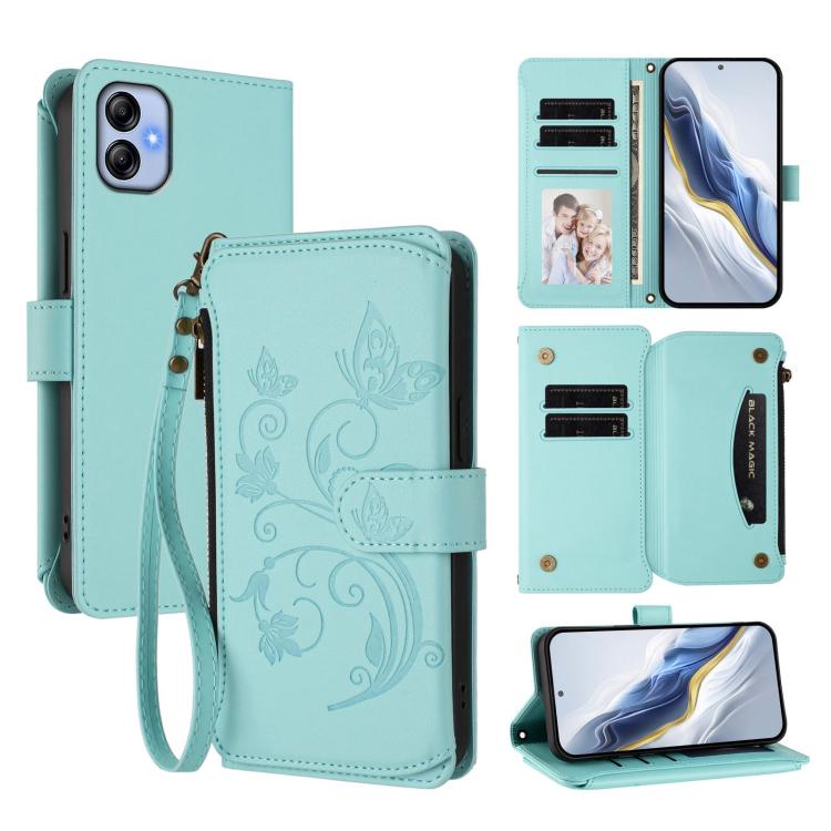 Portafoglio multi-carta con cerniera e motivo farfalla, amore e fiore, custodia per telefono in pelle, For Samsung Galaxy A23 4G / 5G / M23 5G, For Samsung Galaxy A04e 4G / M04 4G, For Samsung Galaxy A14 4G / 5G