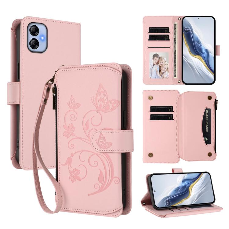 Portafoglio multi-carta con cerniera e motivo farfalla, amore e fiore, custodia per telefono in pelle, For Samsung Galaxy A23 4G / 5G / M23 5G, For Samsung Galaxy A04e 4G / M04 4G, For Samsung Galaxy A14 4G / 5G
