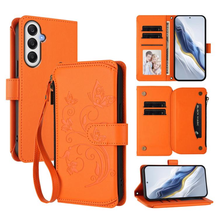 Portafoglio multi-carta con cerniera e motivo farfalla, amore e fiore, custodia per telefono in pelle, For Samsung Galaxy A05s 4G / F14 4G, For Samsung Galaxy A15 4G / 5G, For Samsung Galaxy A55 5G