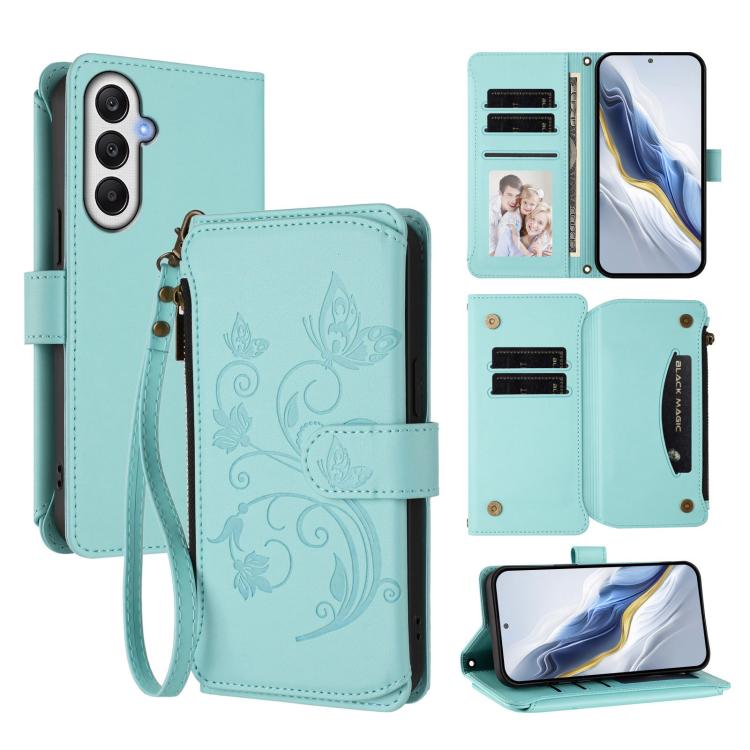 Portafoglio multi-carta con cerniera e motivo farfalla, amore e fiore, custodia per telefono in pelle, For Samsung Galaxy A05s 4G / F14 4G, For Samsung Galaxy A15 4G / 5G, For Samsung Galaxy A55 5G