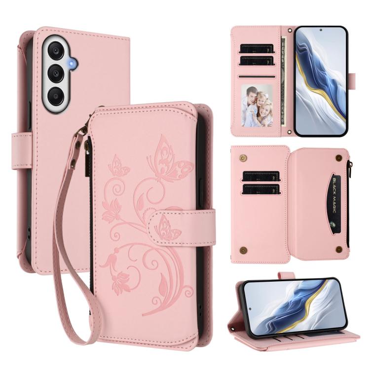 Portafoglio multi-carta con cerniera e motivo farfalla, amore e fiore, custodia per telefono in pelle, For Samsung Galaxy A05s 4G / F14 4G, For Samsung Galaxy A15 4G / 5G, For Samsung Galaxy A55 5G