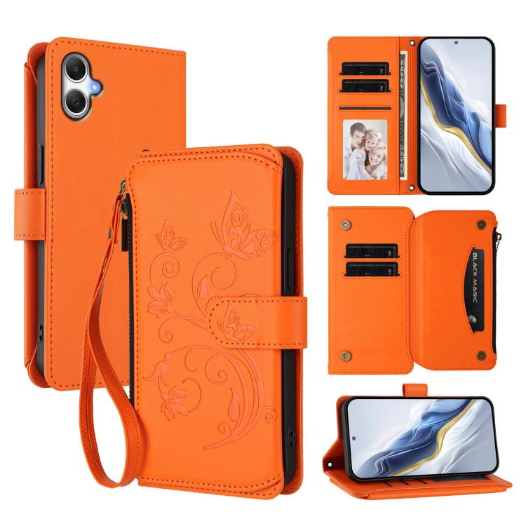 Portafoglio multi-carta con cerniera e motivo farfalla, amore e fiore, custodia per telefono in pelle, For Samsung Galaxy A25e / A25 5G JP, For Samsung Galaxy A17 / A26 5G, For Samsung Galaxy A07 4G / A06 4G / 5G