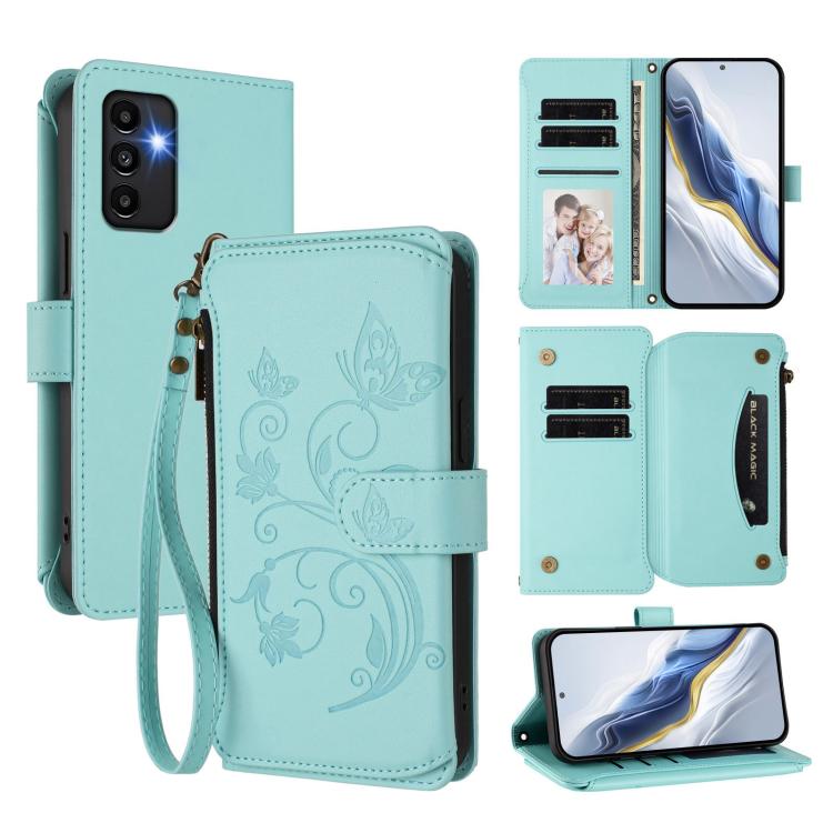 Portafoglio multi-carta con cerniera e motivo farfalla, amore e fiore, custodia per telefono in pelle, For Samsung Galaxy A34 5G, For Samsung Galaxy A54 5G, For Samsung Galaxy A13 4G / 5G / A04 4G
