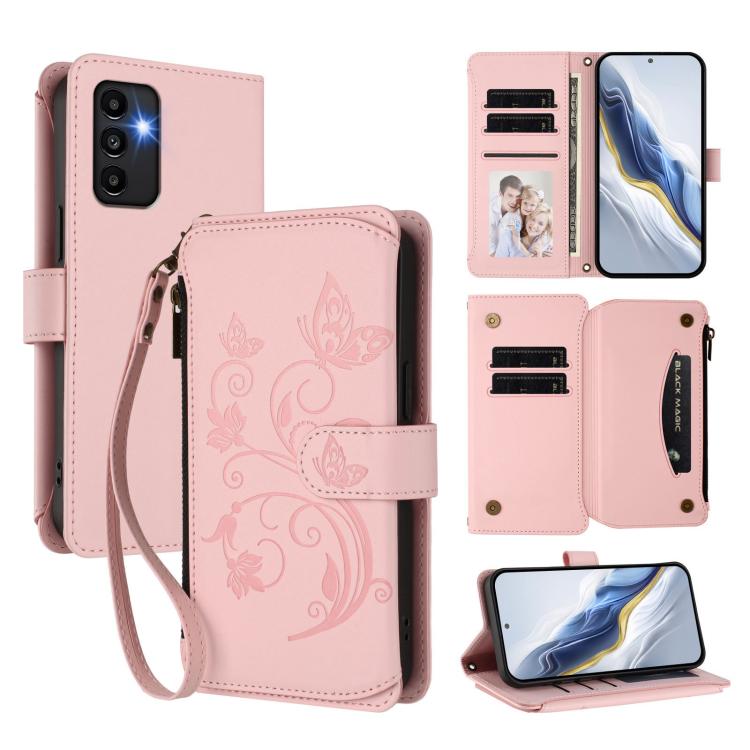 Portafoglio multi-carta con cerniera e motivo farfalla, amore e fiore, custodia per telefono in pelle, For Samsung Galaxy A34 5G, For Samsung Galaxy A54 5G, For Samsung Galaxy A13 4G / 5G / A04 4G