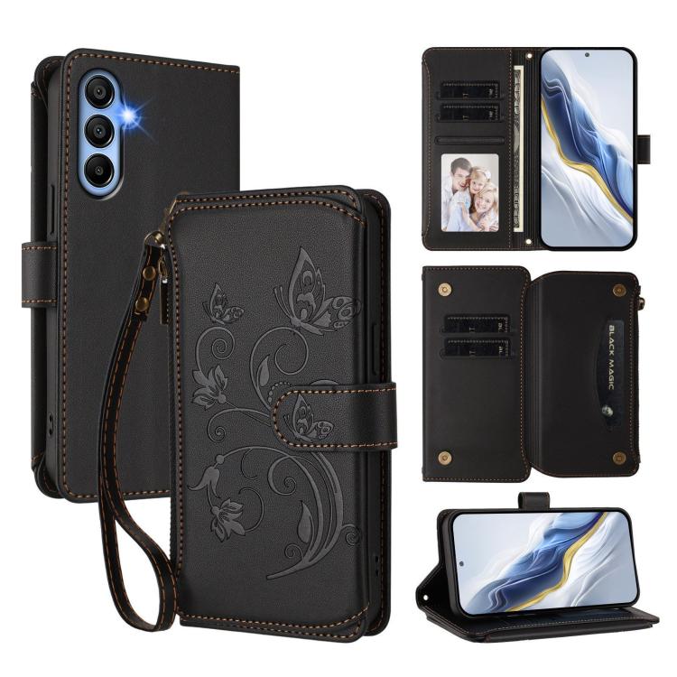 Portafoglio multi-carta con cerniera e motivo farfalla, amore e fiore, custodia per telefono in pelle, For Samsung Galaxy A05s 4G / F14 4G, For Samsung Galaxy A15 4G / 5G, For Samsung Galaxy A55 5G