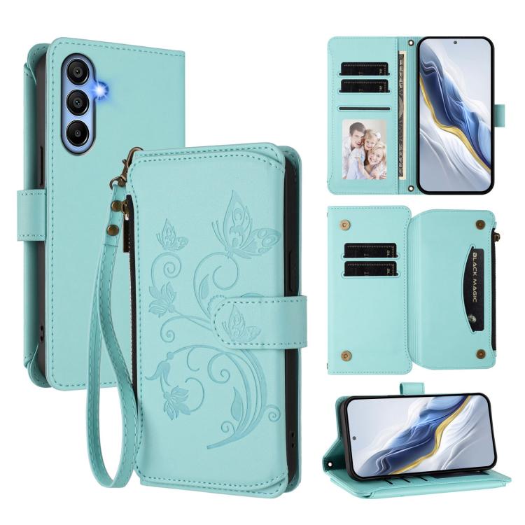 Portafoglio multi-carta con cerniera e motivo farfalla, amore e fiore, custodia per telefono in pelle, For Samsung Galaxy A05s 4G / F14 4G, For Samsung Galaxy A15 4G / 5G, For Samsung Galaxy A55 5G