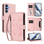 Portafoglio multi-carta con cerniera e motivo farfalla, amore e fiore, custodia per telefono in pelle, For Samsung Galaxy A05s 4G / F14 4G, For Samsung Galaxy A15 4G / 5G, For Samsung Galaxy A55 5G